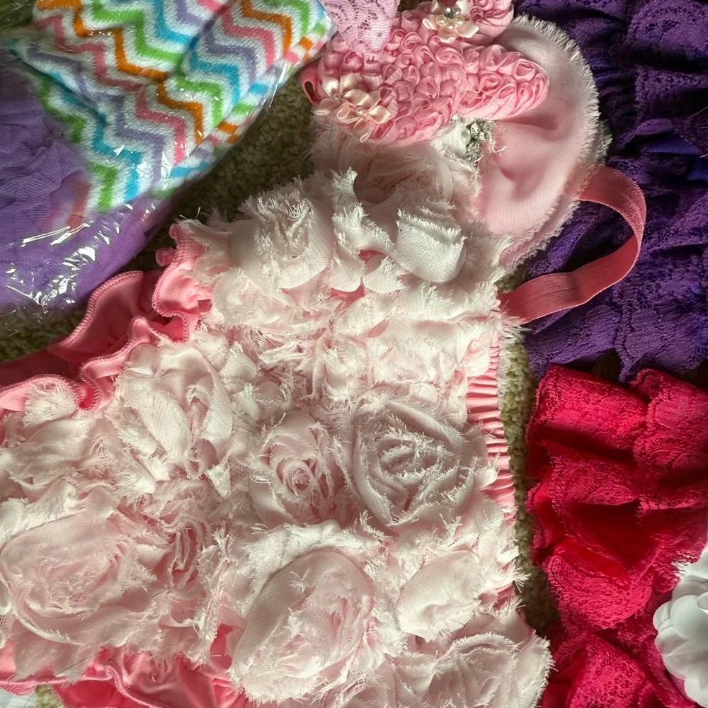 31 pc CHIC BABY BOUTIQUE LOT LACE PETTIROMPERS, BLOOMERS AND MORE